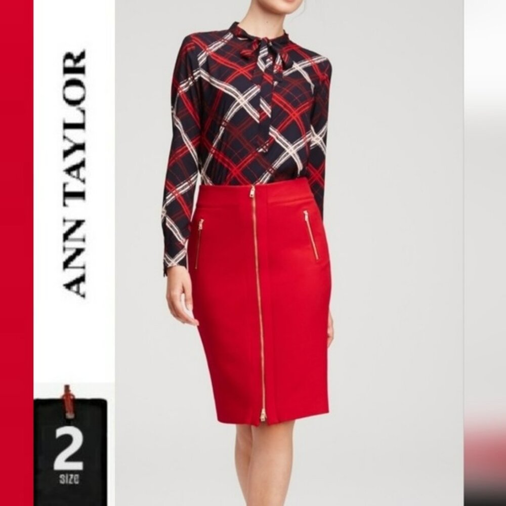 AT red pencil skirt work gold zipper accents.  Size 2